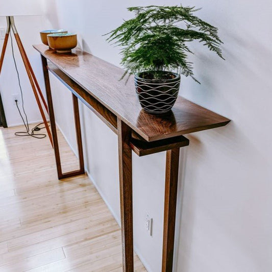 long skinny console table hand-crafted from solid walnut by Mokuzai Furniture