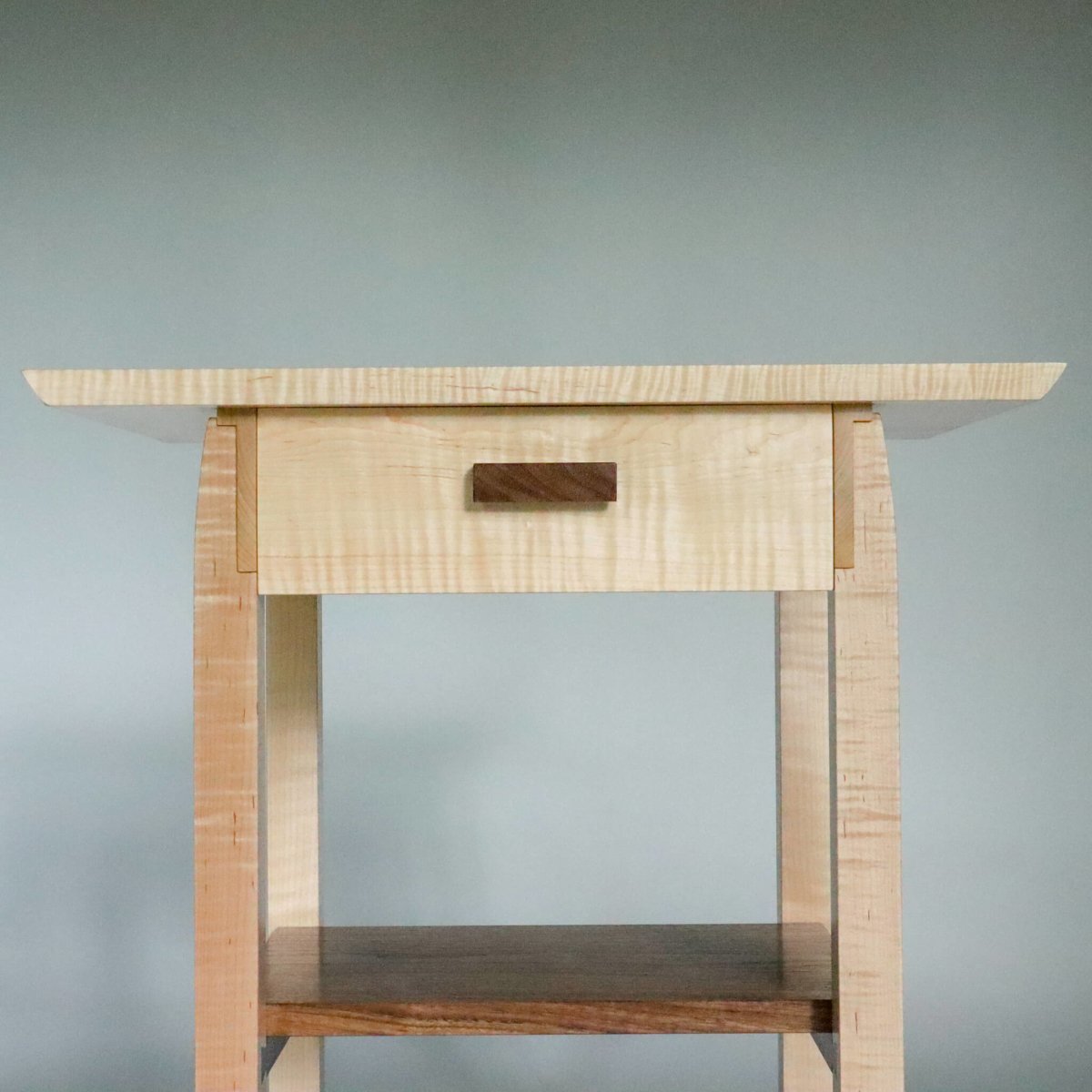 Japanese style table with drawer, tiger maple and walnut end table with drawer storage and display shelf by Mokuzai Furniture