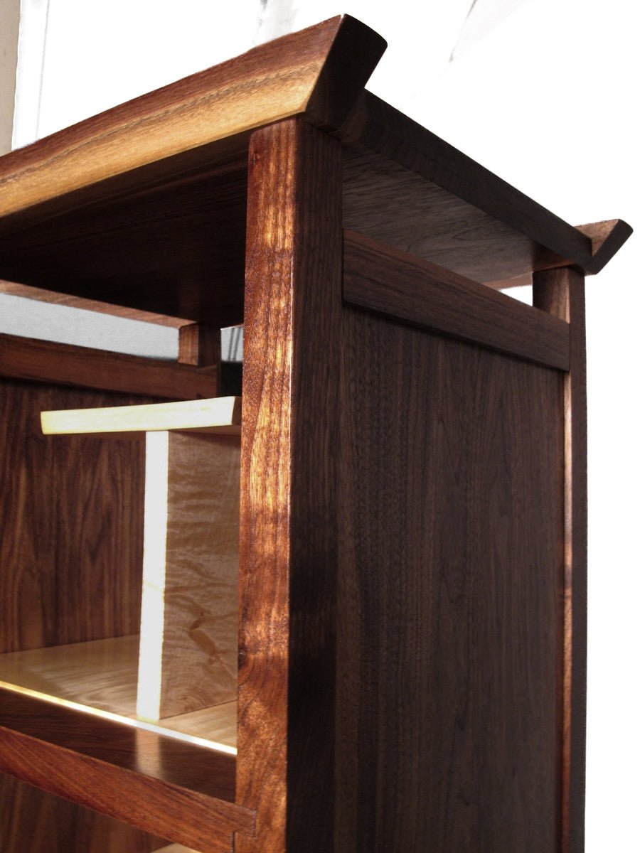 side details of a narrow vertical shelf tower by Mokuzai Furniture