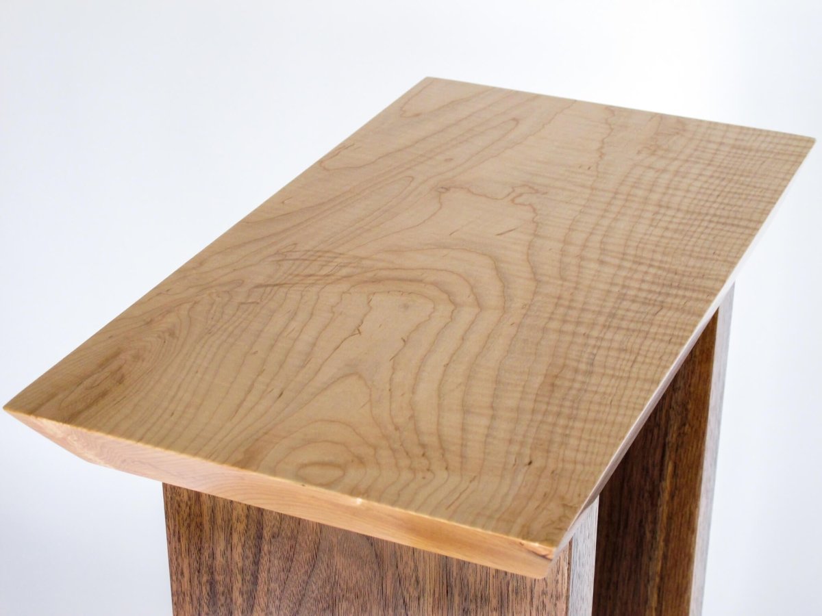 tiger maple table top on the Statement Entry Table by Mokuzai Furniture - a small entryway table with minimalist design lines and fine furniture detail