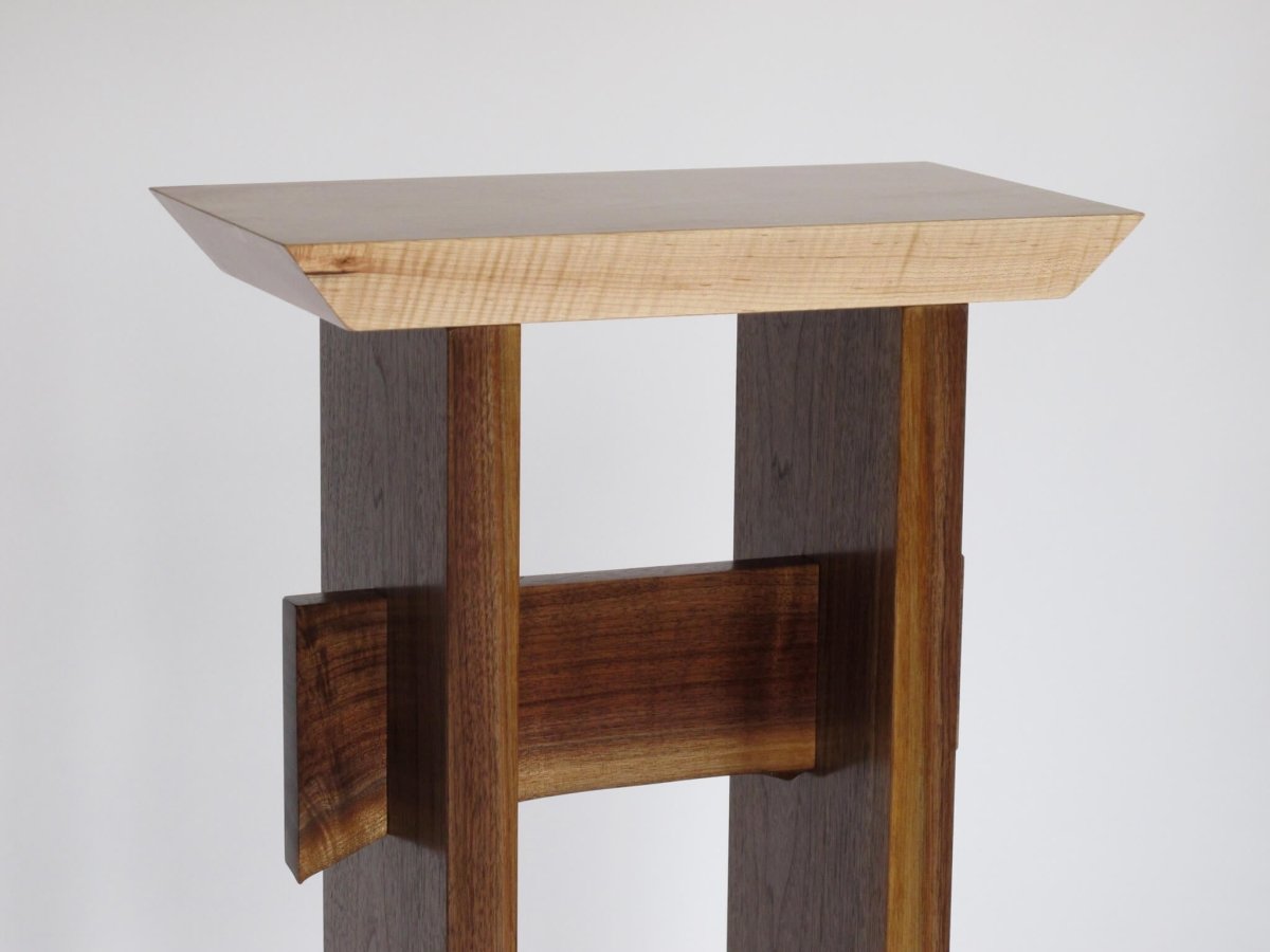 small table for entryway- maple and walnut with live edge table stretcher- foyer table design by Mokuzai Furniture