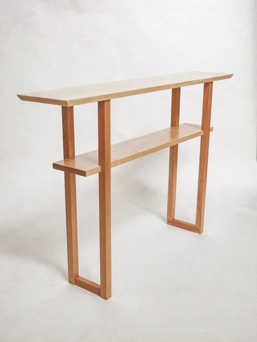 Narrow sofa table created from tiger maple with cherry table legs - minimalist wood table for behind the couch, narrow table design for small spaces by Mokuzai Furniture