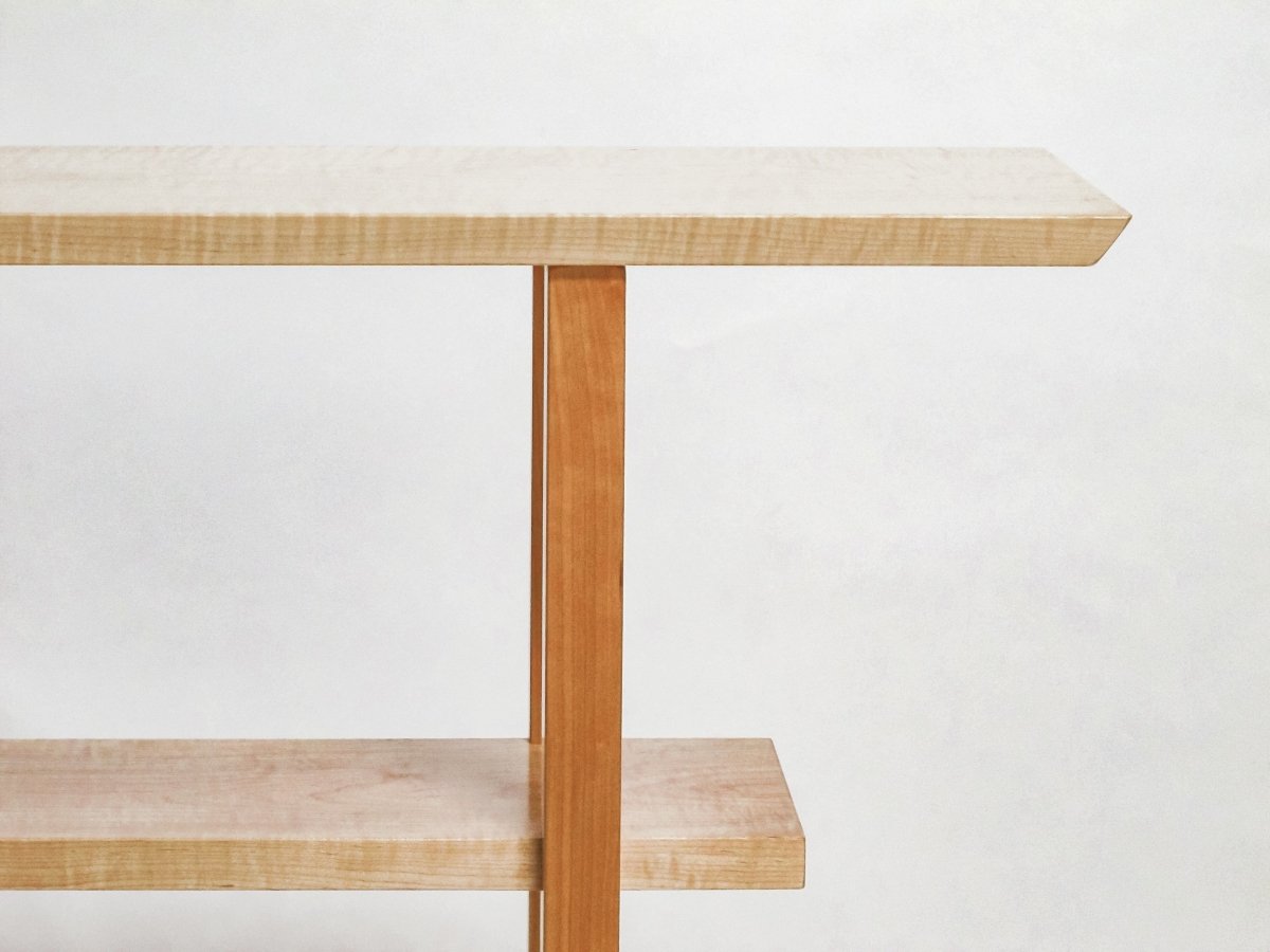 wooden sofa console, table for behind the couch - narrow console table with shelf hand-crafted from tiger maple with cherry table legs.  Modern furniture design by Mokuzai Furniture