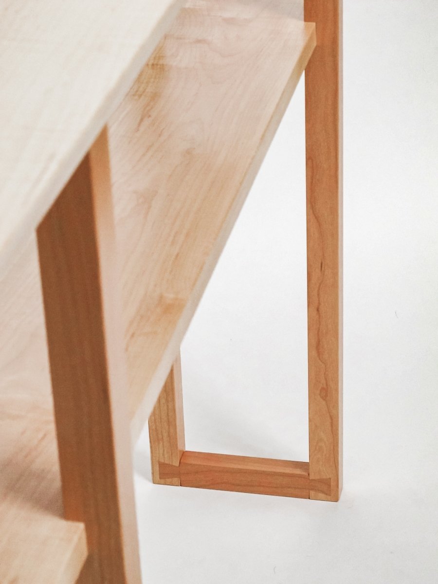 hand-cut dovetail feet on our Designer Console Table - narrow table for behind the sofa or for the hallway or entryway decor - modern wood furniture designs by Mokuzai Furniture
