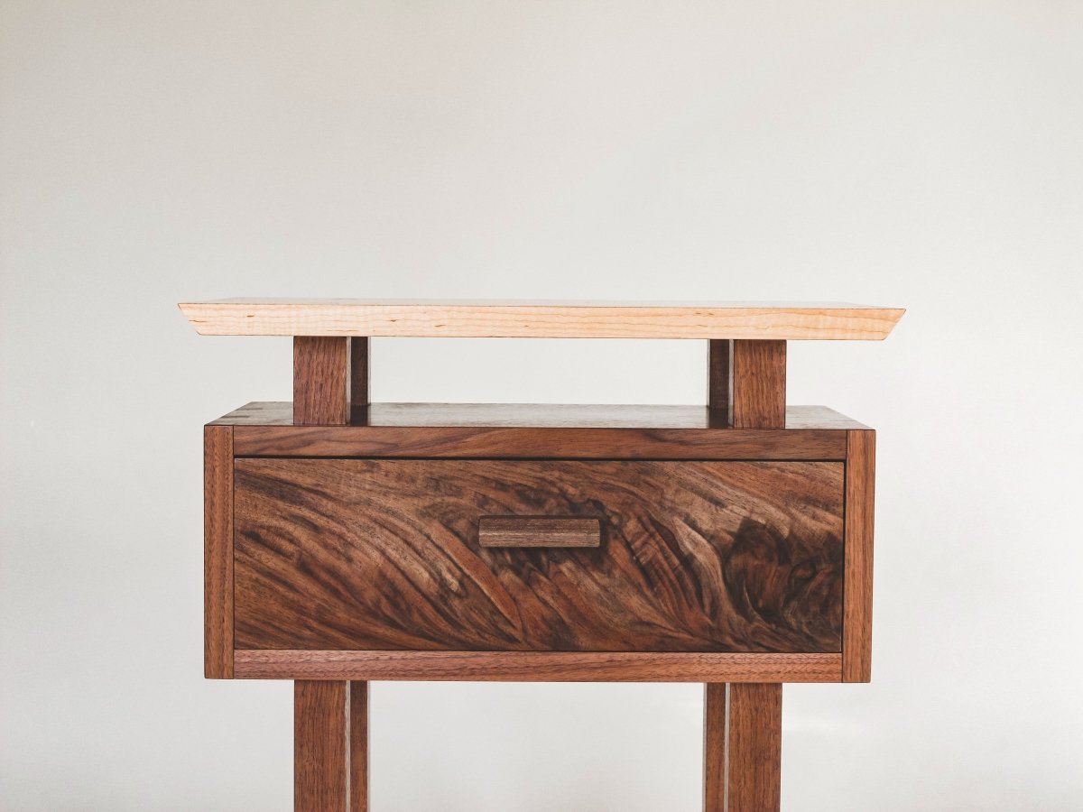 Top front view of the Encore Nightstand- a narrow wooden bed side table with drawer - handmade wood furniture