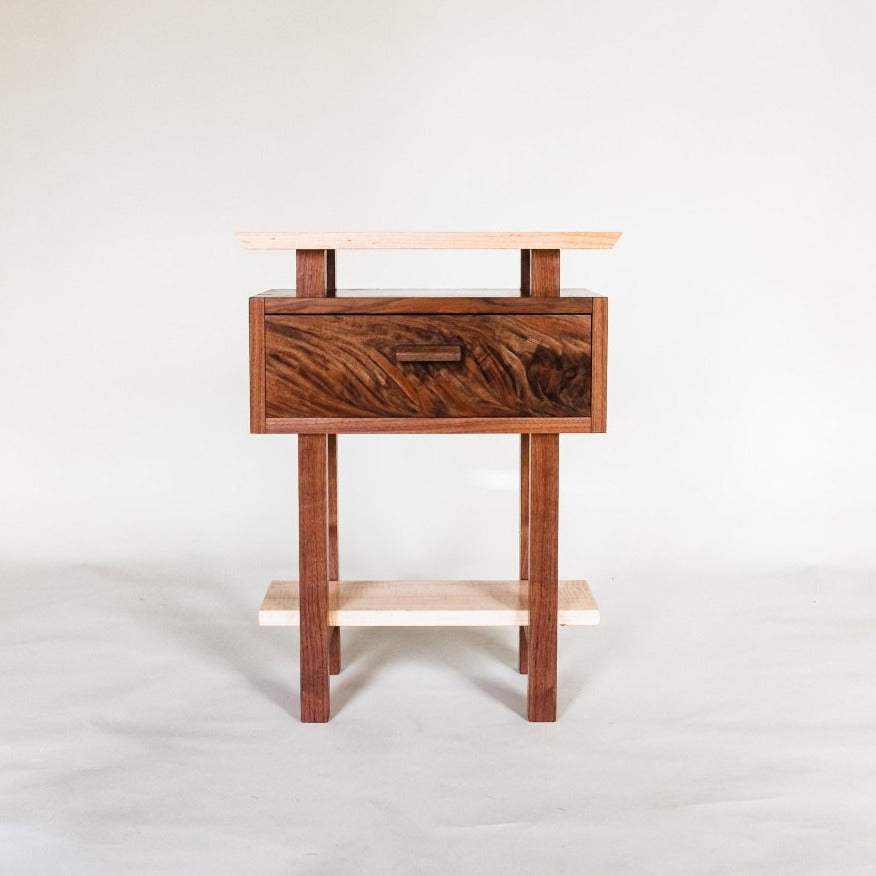 A handmade table with drawer for a small nightstand or bed side table - created from walnut and tiger maple - solid wood furniture