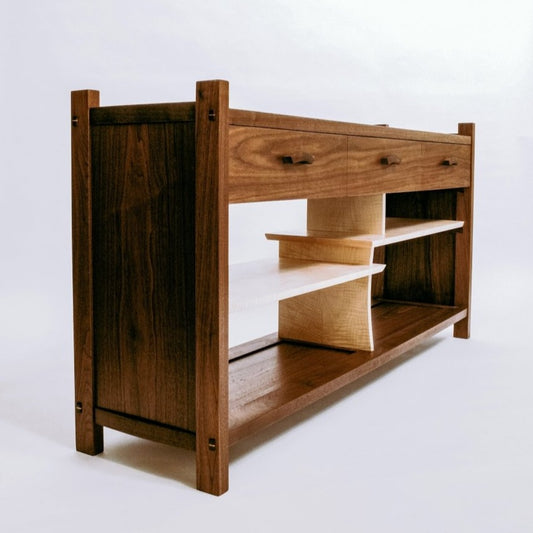 walnut and maple cabinet with drawers