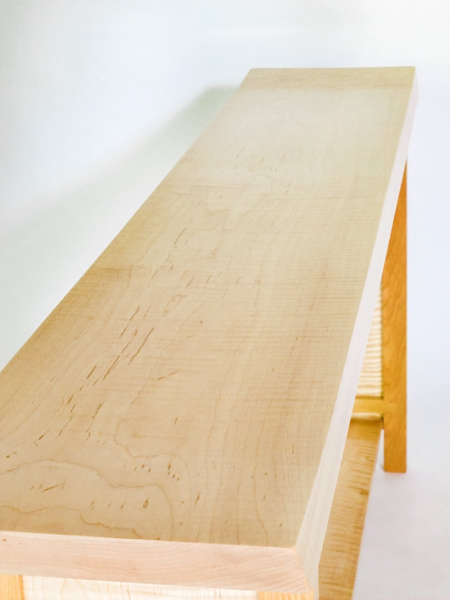 Thick maple table top on this low console table.  An elegant hallway table, entry console or sofa table.