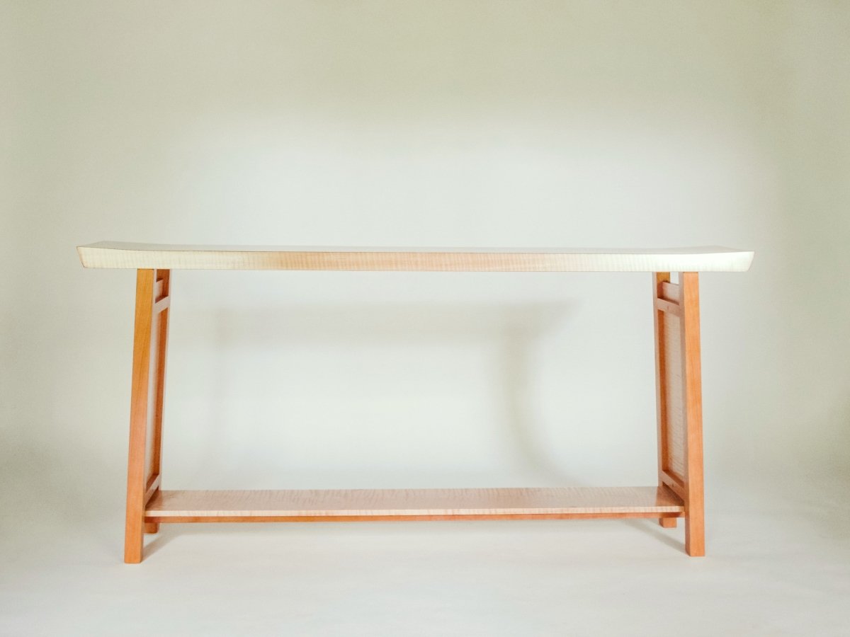 this low console table with shelf has a uniquely shaped table top, zen home decor from Mokuzai Furniture