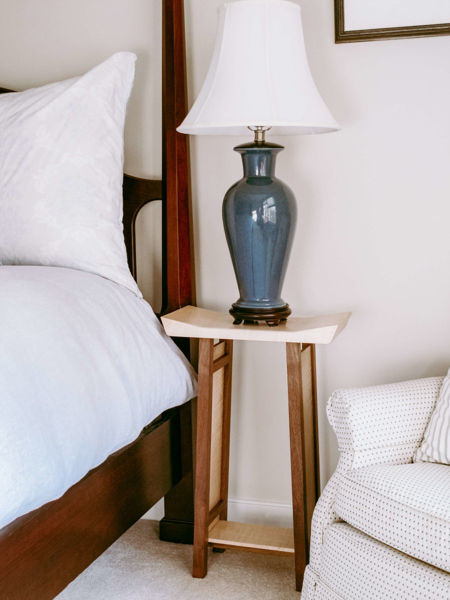 Our Shaped Side Table in place as a bedside table/ nightstand - modern wood furniture designs by Mokuzai Furniture