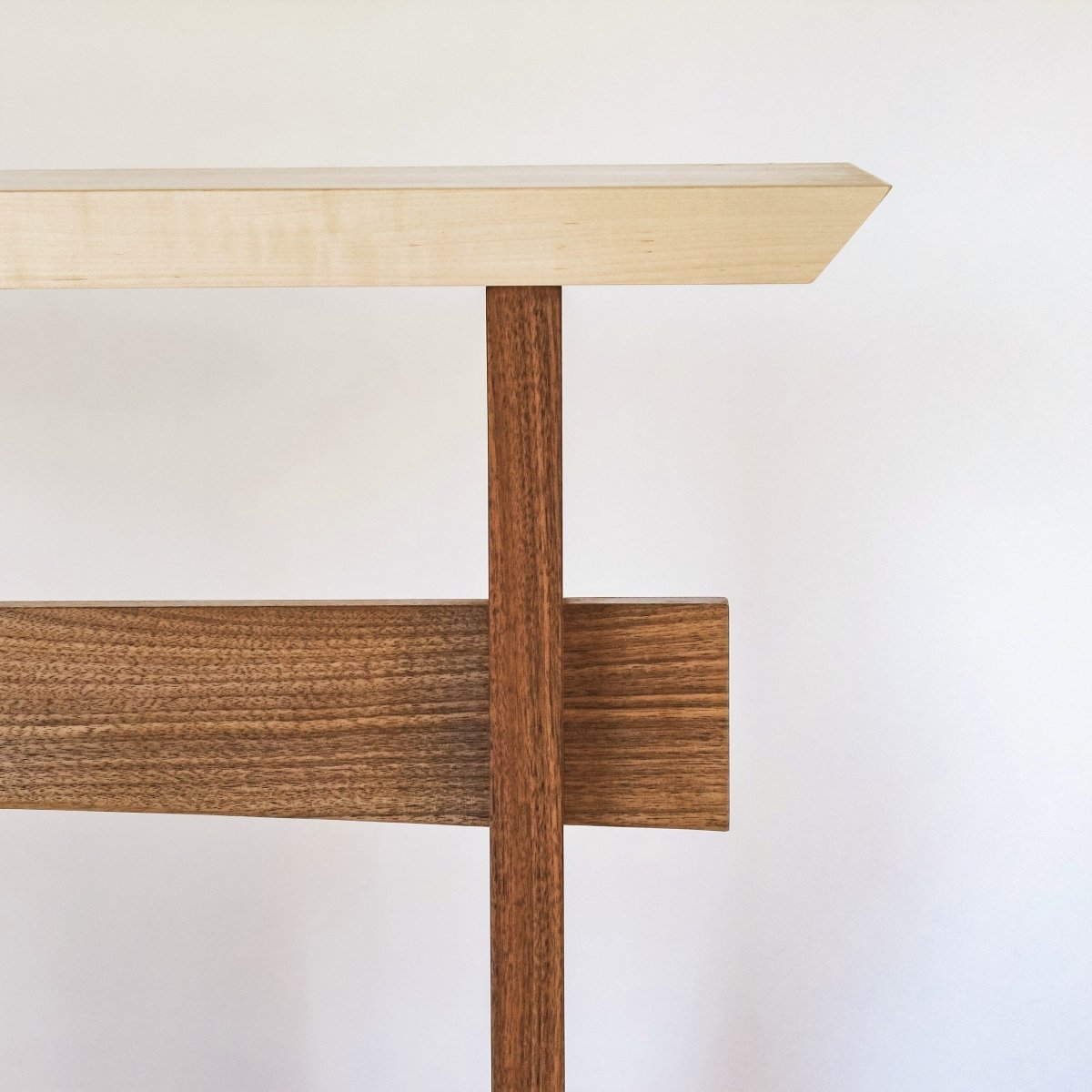 minimalist zen furniture design - hallway table created from tiger maple and walnut - console table design by Mokuzai Furniture
