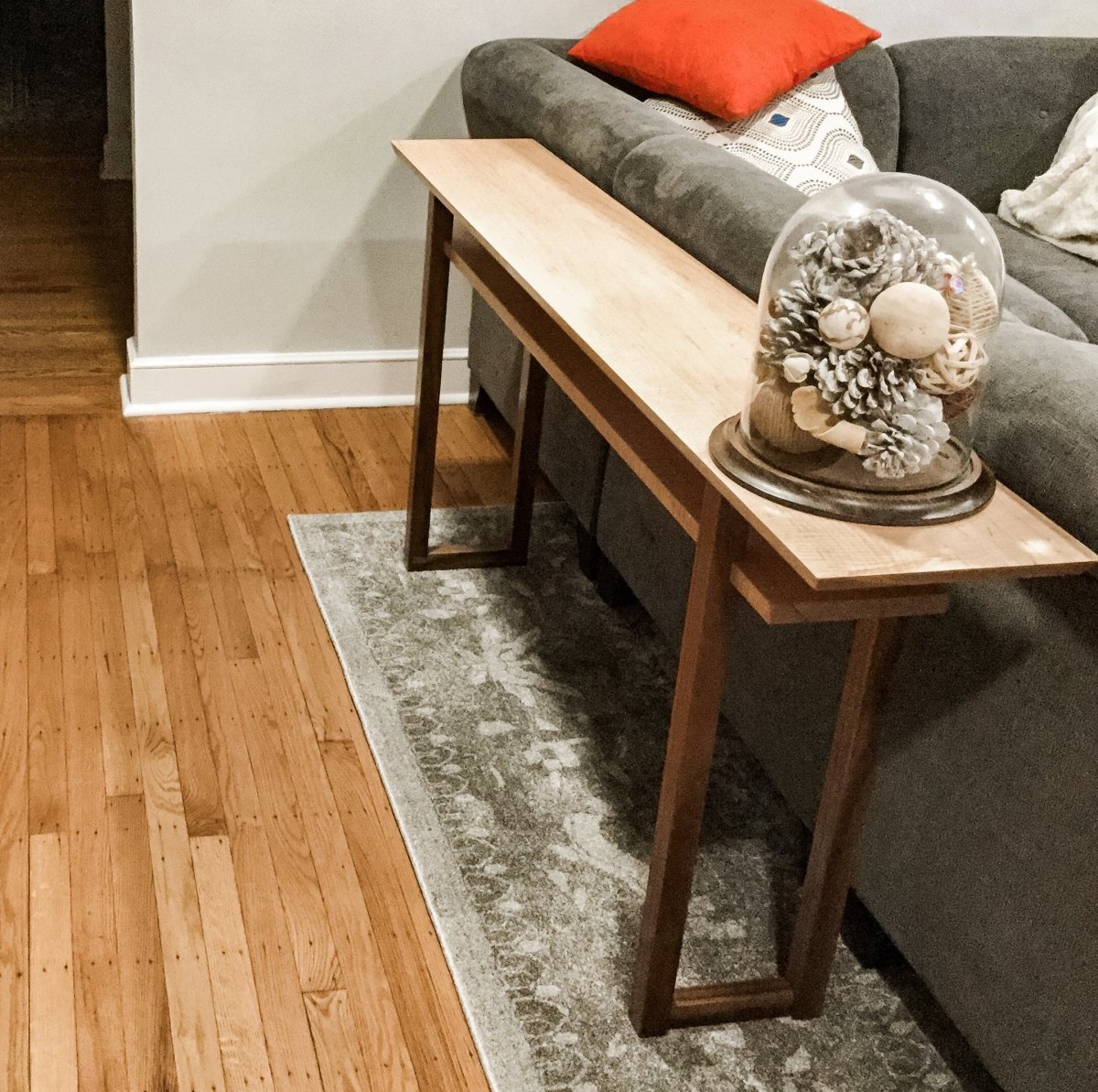 tiger maple with walnut sofa console table by Mokuzai Furniture