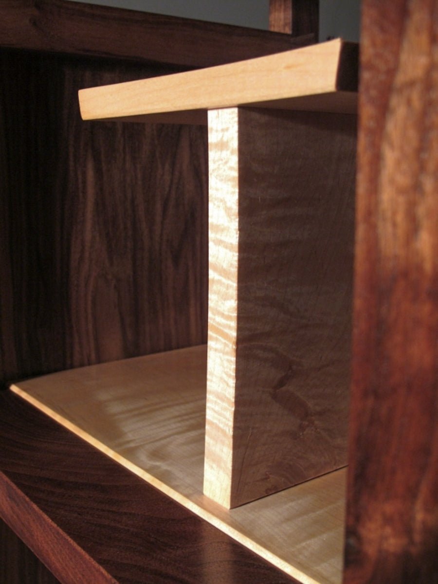 unique wood display case on the upper section of a modern style storage tower by Mokuzai Furniture