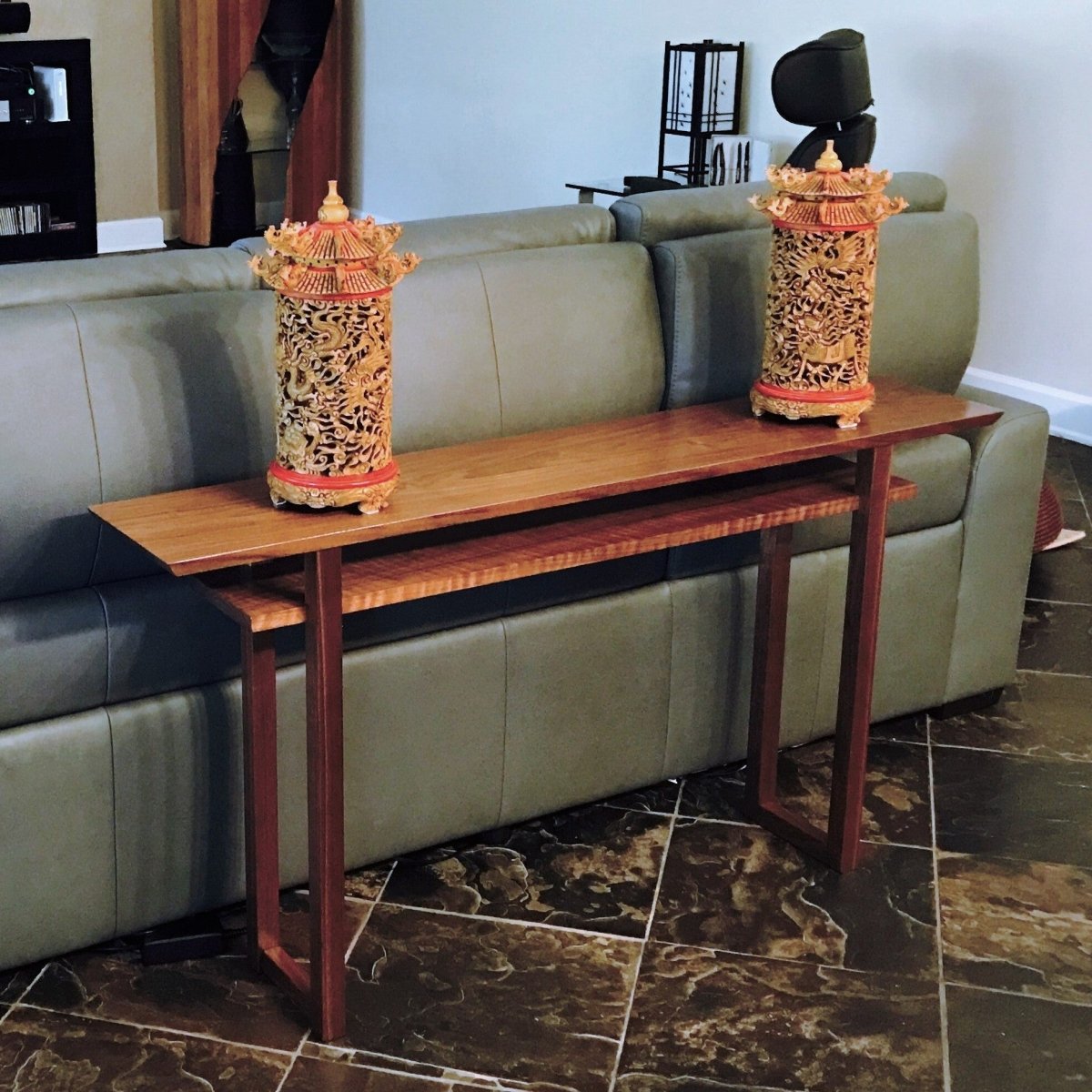 a walnut sofa console table with shelf by Mokuzai Furniture