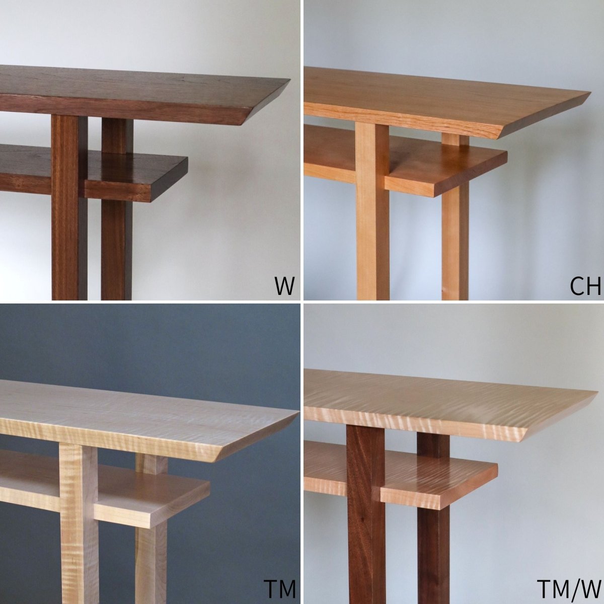 Our tall narrow entry tables can be handmade from this selection of premium wood choices at Mokuzai Furniture.